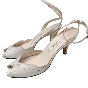 Vintage Calico Leather Heeled Sandals Laser Cut Scalloped Ankle Strap Cream  9M